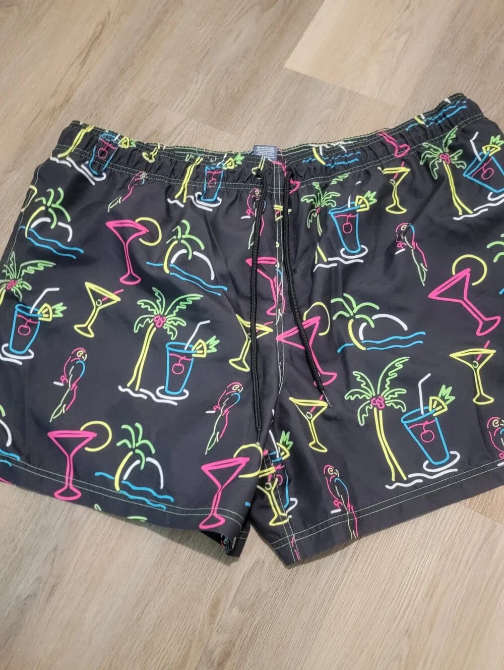 George Big & Tall Sz 3XL Black w/Neon Tropical Drink Printed Swim Trunks